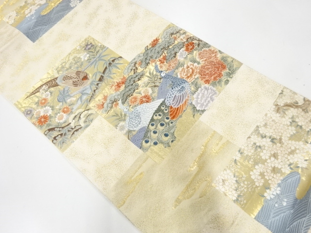 リサイクル　色紙に花鳥・霞模様織出し袋帯